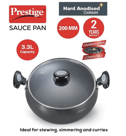 Prestige Hard Anodised Cookware Lifetime Induction Base Sauce Pan, 20cm, Black, Aluminium - Image 2